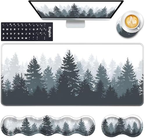 Keyboard Wrist Rest and Mouse Pad with Wrist Support Set Ergonomic Coaster,Memory Foam,Easy Typing Pain Relief,Large XL Desk Mat 31.5"x 11.8",Misty Forest Tree by CICPLKSE