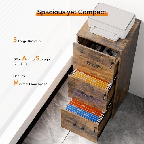 VINGLI 3 Drawer File Cabinet with Lock, Home Office Filing Organizer, for Letter Size File Folder Storage, Wood Tall Vertical Filing Cabinet, Printer Stand, Archivador (Rustic Brown) - Image 4