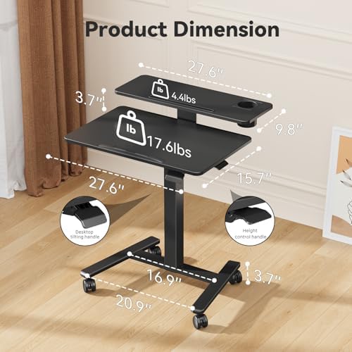 28" Mobile Standing Desk, Tiltable Top with 2-Tier Shelves, Black - Image 2