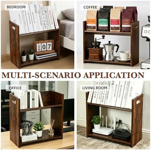 Desktop Bookshelf, 2 Tier Desk Shelf Organizer, Wood Office Tabletop Bookcase, Small Tabletop Book Rack, Portable Mini Bookcase for Book Display, Office, Home, Bedroom, Storage and Display - Image 5