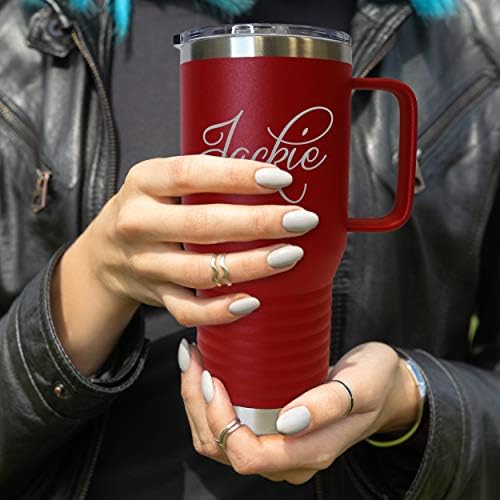 The Wedding Party Store Custom Personalized 20 oz Stainless Steel Powder Coated Vacuum Insulated Double Walled Travel Tumbler Coffee Mug with Handle and Lid (Red) - Image 2