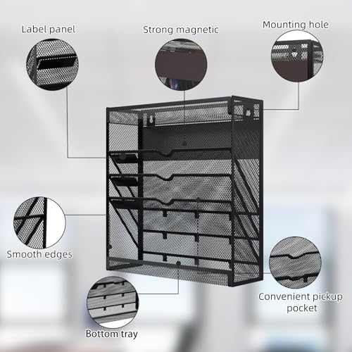 5 Tier Magnetic File Holder, No Drilling Wall File Organizer, Magazine Paper Mail Document Holder/Magnetic Hanging File Organizer for File Cabinets,Whiteboard refrigerator,Office,Classroom(Black) - Image 4