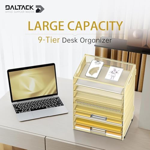 9-Tier Paper Organizer for Desk, Metal Mesh Letter Tray with Handles, Gold - Image 2