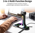 Transform Your Desk – 3-in-1 Wireless Charging Station with Headphone Stand, Dual USB Ports, 15W Fast Charger for Phone/A-irPods/A-pple Watch, RGB Light, LED Alarm Clock – Charge 5 Devices at Once - Image 2