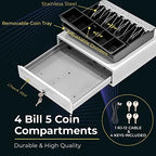 Volcora 13" Cash Register Drawer for Point of Sale (POS) System with Fully Removable 2 Tier Cash Tray, 4 Bill/5 Coin, 12-24V, RJ11/RJ12 Key-Lock, Double Media Slot, Small Money Drawer, White - Image 3