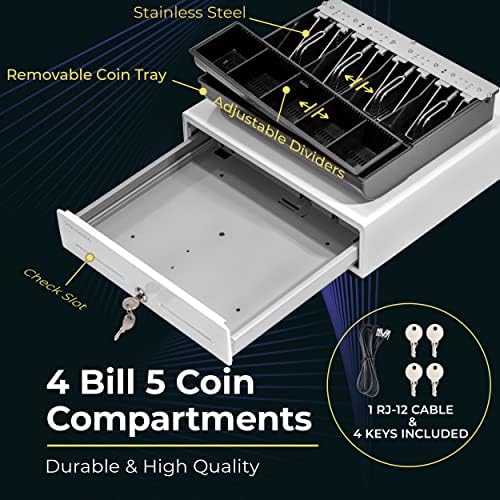Volcora 13" Cash Register Drawer for Point of Sale (POS) System with Fully Removable 2 Tier Cash Tray, 4 Bill/5 Coin, 12-24V, RJ11/RJ12 Key-Lock, Double Media Slot, Small Money Drawer, White - Image 3