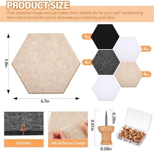 6.7 x 5.9 in 16 Pcs Hexagon Cork Board Tiles, Felt Pin Boards, Classic - Image 3