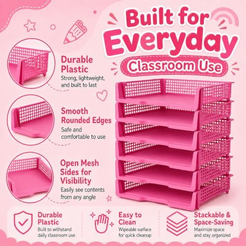 6 Pcs Purple Turn in Trays Classroom, Stackable Paper Bins for Classroom, 13x9x2.8 inch Plastic Baskets Desktop Organization System Office (Purple) - Image 3