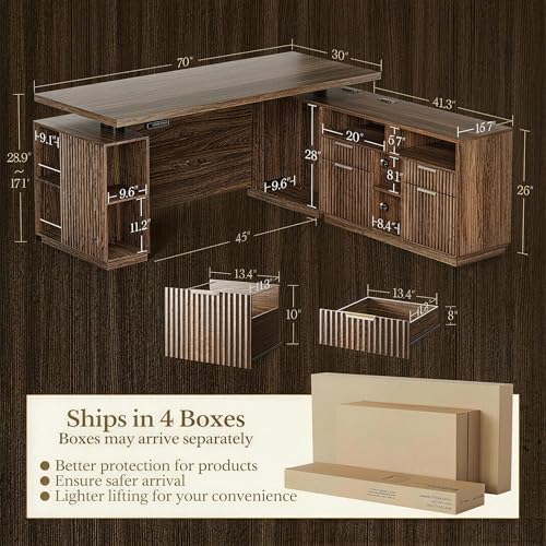 70 Inches L Shaped Executive Standing Desk, Electric Height Adjustable Desk with File Cabinet, Computer Corner Table with AC/USB and Privacy Panel for Home and Office, Black Walnut - Image 2