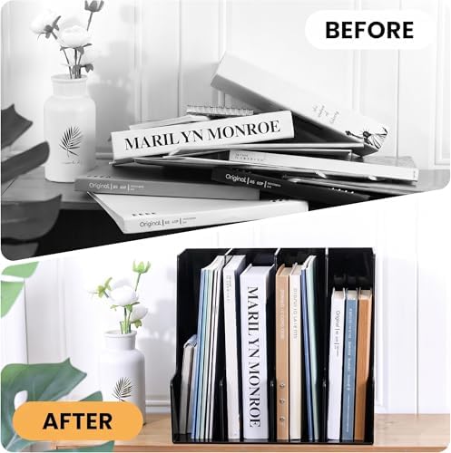 Vertical Magazine File Holder, Black File Organizer Desk Organizer and Storage Bins Holding for Magazines, Binders, Notebooks, Envelopes, Plastic Office Organization and Storage for Desk, 4 Pack - Image 3
