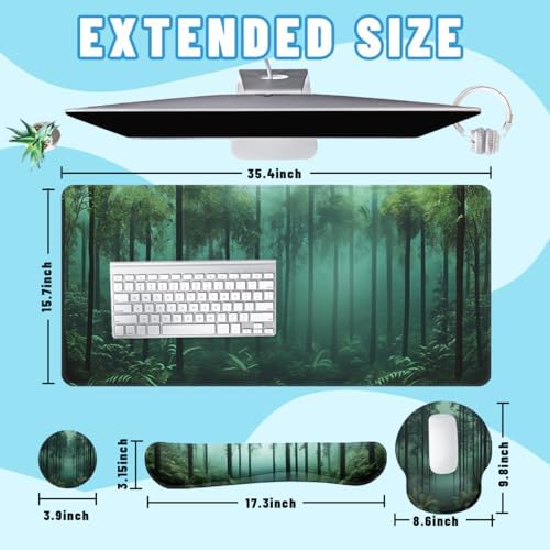 Mystic Forest Desk Mat Set Green Fog Woodland Mouse Pad with Wrist Rest 4in1 Desk Mat for Desktop Ergonomic Computer Desk Arm Wrist Anti-Slip Computer Ergonomic Mouse Pad Home Office Gaming - Image 2