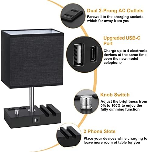 Black Table Lamp for Bedroom - Stepless Dimmable, USB C+A, 2 AC Outlets - Image 4