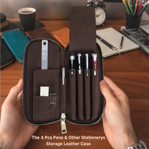 CONTACTS Full Grain Crazy Horse Leather Pencil Case Handmade Vintage Zipper Pen Holder Pouch with Card Slot Pens Organizer Pockets Stationery Bag for Men - Image 5