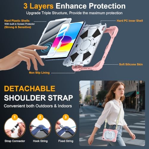Case for iPad (A16) 11th/10th Generation 11/10.9 Inch 2025/2022, Ubearkk for iPad a16 case with Screen Protector, 360 Degree Rotating Stand Shoulder Strap Pencil Holder,Rose Beige - Image 3