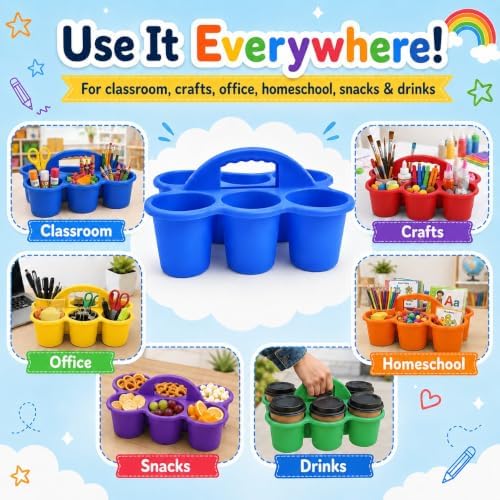 NINU 6 Pack Classroom Caddy Organizer with Handle, Plastic Drink Cup Caddy Holder, 6 Compartments for Kids, Table, Office, Arts, Crafts, Crayon, Marker, Pencil, School Supplies - 6Colors - Image 5