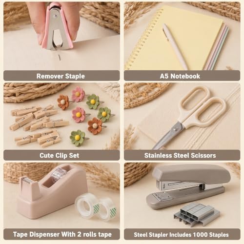 Maitys 79 Pack Boho Desk Organizers and Accessories Office Supplies, Aesthetic Desktop Organizer Set, Woven Desk Caddy Pen Holder, Stapler Tape Dispenser Kit, Neutral Table Decor Home Birthday Gift - Image 4