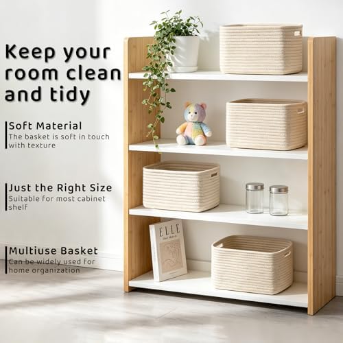 4 Pack Storage Baskets for Organizing, 11''Lx9''Wx8''H Woven Baskets for Storage Toys, Towels, Books, and Clothes, Cotton Rope Basket for Shelves with Handle Brown - Image 5