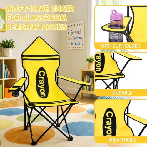 Yellow Crayon Folding Chair for Back to School, Portable Classroom Reading Seat with Armrests, Cup Holder and Carry Bag, School Chair for Study Area and Reading Nook - Image 4