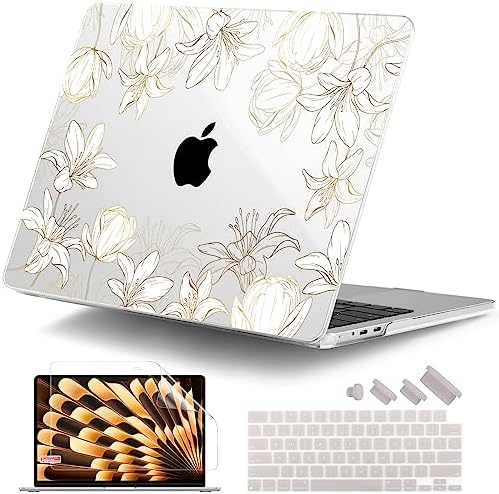 DONGKE for MacBook Air 13 Inch Case M5 2026 M4 2025 M3 M2 2024-2022 A3449 A3240 A3113 A2681, Plastic Hard Shell & Keyboard Cover & Screen Film for MacBook Air 13.6 Inch Case - Golden Floral by DONGKE