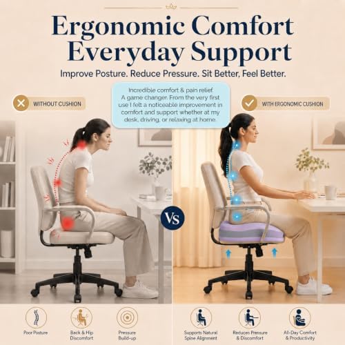Seat Cushions for Office Chairs Wheelchair Cushion for Long Sitting Back Pain，Memory Foam Seat Car Computer Desk Chair Cushion，Coccyx Cushion for Tailbone Pain Relief Office Chair Butt Pillow Purple - Image 7