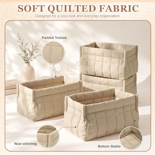 Mifoci 4 Pack Quilted Small Fabric Storage Basket for Table Shelf Toy Organizer Decorative Boho for Organizing Closet Decor Home Nursery Table Laundry Toy Clothes(Khaki) - Image 5
