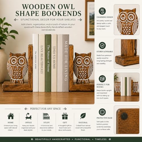 eTroves Wood Bookends for Shelves. Decorative Wooden Owl Bookend for Heavy Books, White Wood, 6 Inch - Image 3