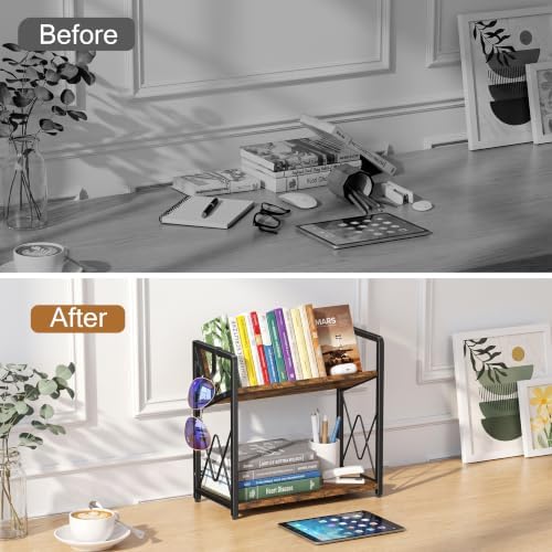 Desk Shelf Organizer, 2 Tier Desktop Bookshelf, Wooden Tabletop Bookshelf - Image 5