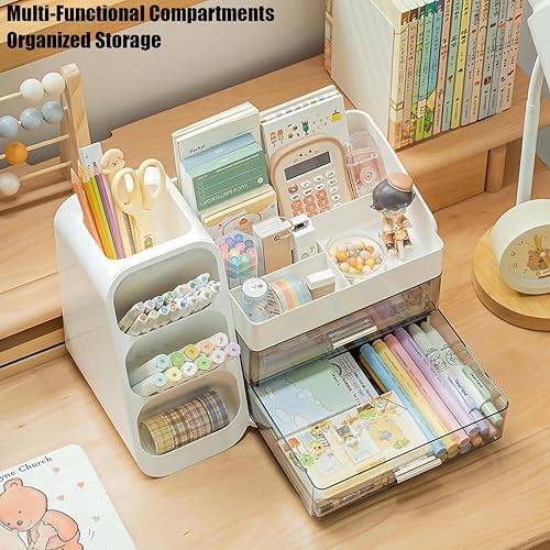 Desk Organizer with Pen Pencil Holder, Pen Organizer with 2 Drawers & 4 Compartments, Desktop Organizers and Storage for Office Home School Art Supplies (White) - Image 5