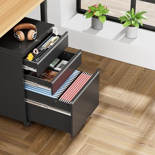 INTERGREAT 3 Drawer File Cabinet, Metal Filling Cabinets with Lock, Locking Office Mobile Cabinet with Wheels for Legal/Letter Size, Under Desk, Assembled Required, Black - Image 2