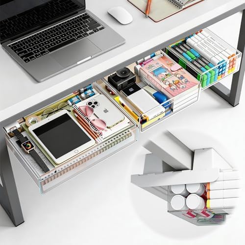 3-Pack Under Desk Drawer for Desk with Frame & Beam, Fits Where Standard Drawers Can't, 52mm Heightened Slide Out Organizer, Dual Adhesive or Screw Mount, Clear PET Under Table Storage by TooCust