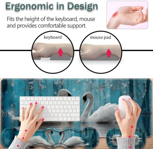 31.5"x 11.8" Oversized Gaming Mouse Pad Set, Ergonomic Keyboard and Mouse Wrist Rest + Cup Holder, Non-Slip Desktop Pad, Suitable for Home and Office Use, Two Swans - Image 5