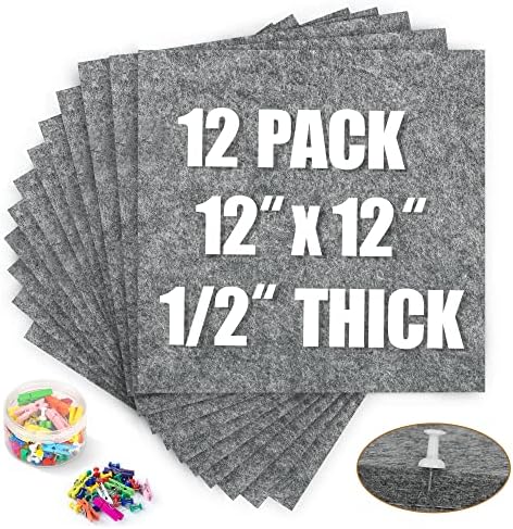 AKTOP Cork Bulletin Board 12x12, 1/2" Thick Felt Cork Board Tiles 12 Pack, Small Square Pin Board for Wall, Self Adhesive Corkboards with 120 Push Pin Wood Clips for School, Home & Office, Grey by Buynow