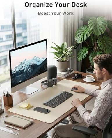 Aothia Faux Leather Desk Mat - Non-Slip PU Leather Desk Blotter, Waterproof Writing Surface, Large Desk Pad for Office & Home (Beige, 55" x 24") - Image 3