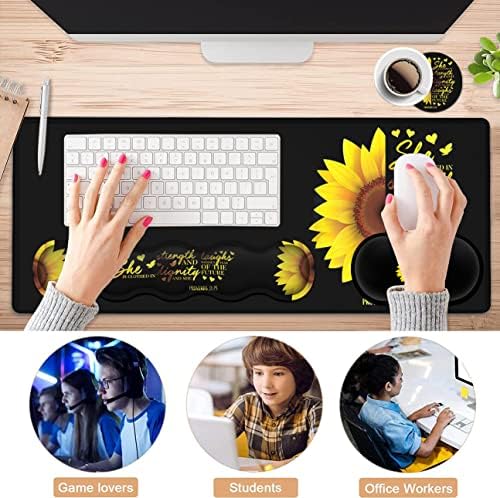 Gaming Black Mouse Pad + Keyboard Wrist Rest XL Large Mouse Mat Sunflower Christian Verse Proverbs 31-25 Extended Desk Pad Non-Slip Rubber Mice Pads Stitched Edges Pad (31.5x11.8 in) - Image 7