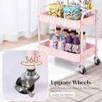 Pink 2 Tier Rolling Cart Metal with Wheels Under Desk Storage Cart for Small Space Organization, Small Trolley for Pantry Room Laundry Bathroom Kitchen Office Art Snack Baby Supplies - Image 3