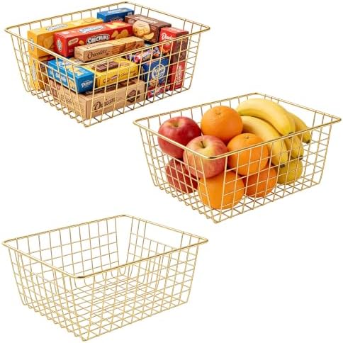 3 Pack Large Wire Baskets, Sturdy Gold Wire Basket, Metal Gold Basket for Organizing Kitchen, for Food Pantry Home Office Desk Shelf Bathroom Bedroom (14.2 x 11.1 x 6.3 inch) by Unknown