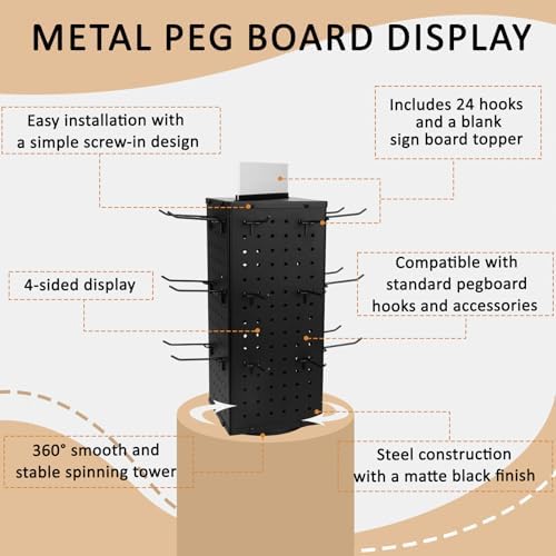 Rotating Pegboard Display Stand With 24 Hooks, 4-Sided Metal Spinning Peg Board Display 7.4"x7.4"x17" Spinner Pegboard Carousel Craft Rack Organizer (Black) - Image 3