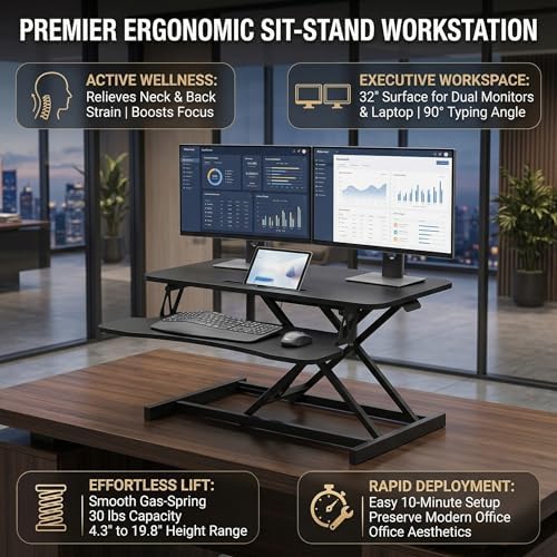 Standing Desk Converter 32" - Sit to Stand Desk Converter for Dual Monitors - Height Adjustable Desk Riser for Standing - Home Office & Corporate Use - Relieve Back Pain (Black) - Image 3