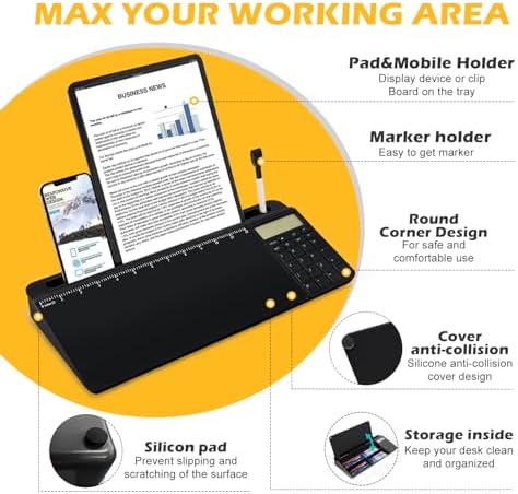 Desktop Glass Whiteboard with Calculator(12 Digit LCD Display) & Ruler Marker,Tilted Notepad Computer Keyboard Stand with Black Dry Erase Board Surface, Desk Organizers with Accessories,Black - Image 2