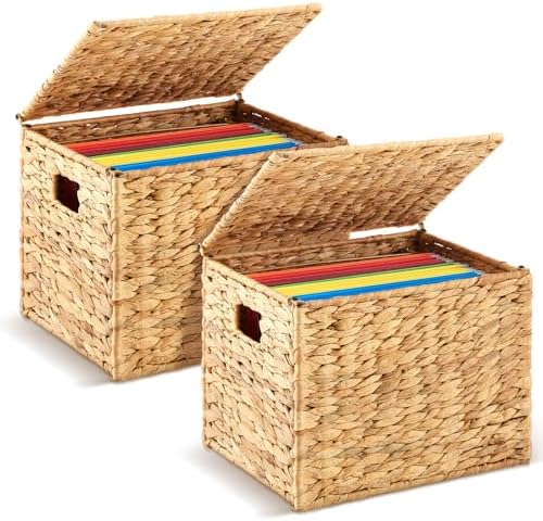 2 Pack Letter Size Hanging File Box, Water Hyacinth Wicker File Organizer by Jingmore