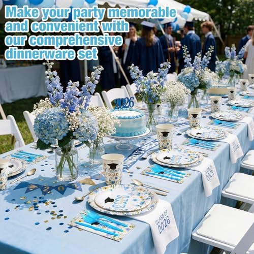 400 Pcs Class of 2026 Light Blue Graduation Decoration Floral for 50 Guests, Flower Blue Gold Graduation Paper Plates Napkins Cups Cutlery Grad Tableware for 2026 Congrats Grad Party Supply - Image 5