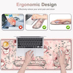 4 in 1 Large Mouse Pad, Keyboard Wrist Rest Set, Ergonomic Mouse Pad with Wrist Support, Desk Mat with Stitched Edges Extended Desk Pad Waterproof Desk Mat for Home Office Game I Pink Rose Flowers - Image 3