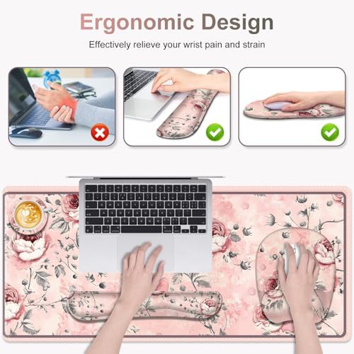 4 in 1 Large Mouse Pad, Keyboard Wrist Rest Set, Ergonomic Mouse Pad with Wrist Support, Desk Mat with Stitched Edges Extended Desk Pad Waterproof Desk Mat for Home Office Game I Pink Rose Flowers - Image 3