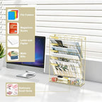 TQVAI Wall File Organizer, 5 Tier Hanging File Organizer with Bottom Tray, No Assembly Required Metal Wall Mount File Holder for Office Home Classroom, Gold - Image 3