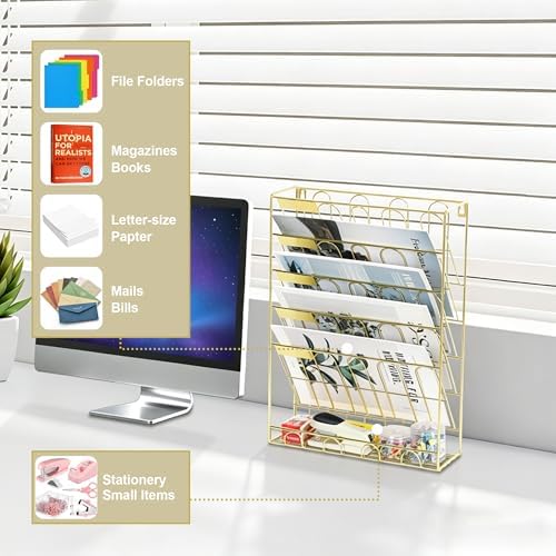 TQVAI Wall File Organizer, 5 Tier Hanging File Organizer with Bottom Tray, No Assembly Required Metal Wall Mount File Holder for Office Home Classroom, Gold - Image 3