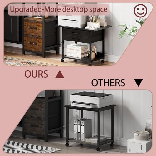 VENNQD Large Printer Stand with Storage Fabric Drawer Under Desk Printer Table with Wheels for Home Office, Printer Cart fit Fax Machine Scanner 23.4"x15.7" (Black, 2 Tiers) - Image 4