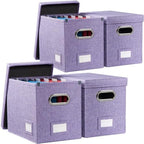 PRANDOM File Organizer Box - Set of 4 Collapsible Decorative Linen Filing Storage Hanging File Folders with Lids Office Cabinet Letter Size Purple (14x9.3x10.8 inch) by Prandom
