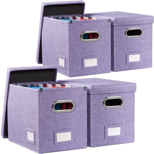 PRANDOM File Organizer Box - Set of 4 Collapsible Decorative Linen Filing Storage Hanging File Folders with Lids Office Cabinet Letter Size Purple (14x9.3x10.8 inch) by Prandom