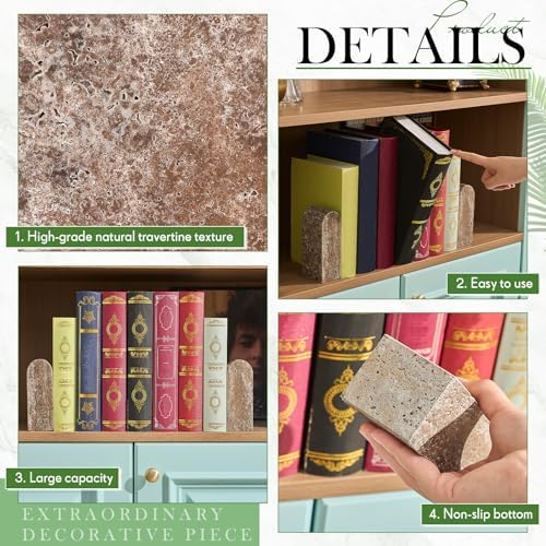 CroBlissful 2 Pcs Travertine Natural Marble Bookends for Shelves, Decorative Book Ends Solid Bookends Heavy Duty Book Holders, Bookshelf Decor for Home Study Bathroom Kitchen Cd Video Games (Grey) - Image 4