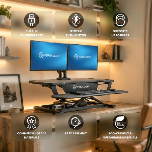 VERSADESK PowerPro 36 Inch Electric Standing Desk Converter – Push-Button Height Adjustable Sit to Stand Desk Riser for Dual Monitors & Laptop – Motorized Desktop Workstation with Wide Keyboard Tray - Image 3